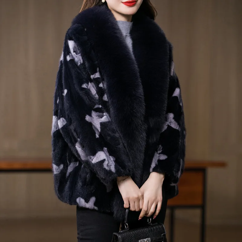 2021 Fashion Mink Fur Coats Fox Fur Collar Dark Blue Print Jackets Warm High Quality Luxury Ladies Outwear Winter Jackets