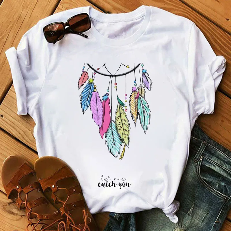 

Dream Flower Feather T Shirts Women Harajuku Ullzang Funny T-shirt 90s Cartoon Print Shirt Graphic Korean Style Top Tees Female