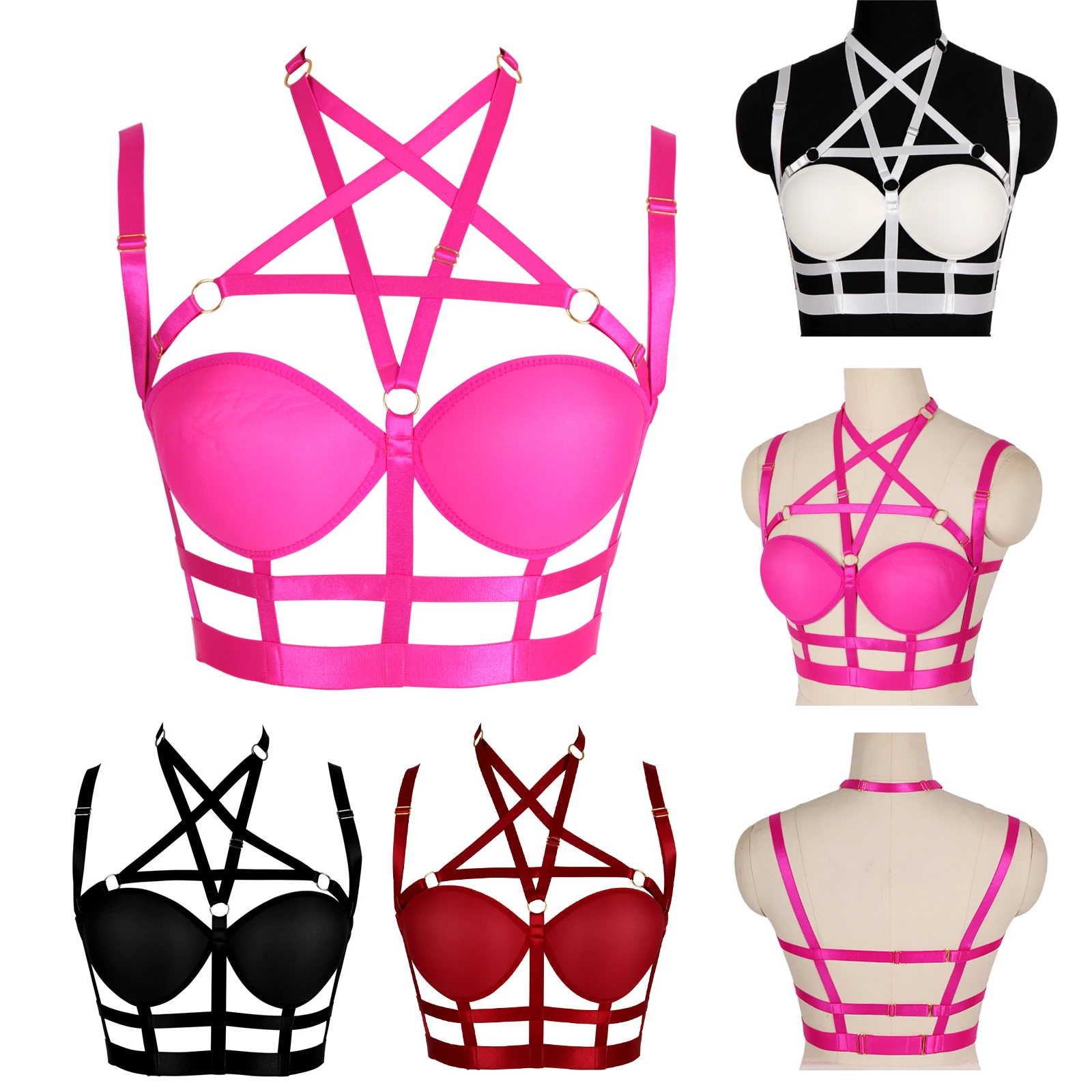 Open Chest Bondage Body Cage Pastel Gothic Body Harness Belt Clubwear Harness Strap Collar Bow Harness Bra   O0208