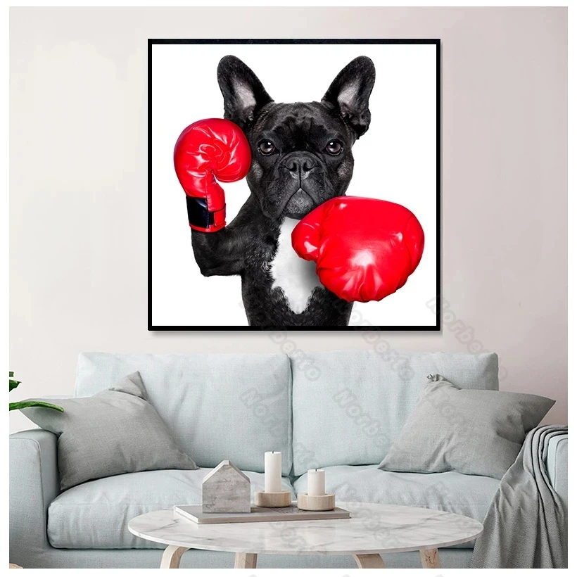 

Modern Canvas Painting Wall Poster and Print French Bull Dog Boxing with Red Big Gloves for Living Room Bedroom Home Wall Decora