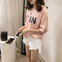 2019 new t shirt women spring and summer new personality letter print casual lace up tops short sleeved loose t shirt female