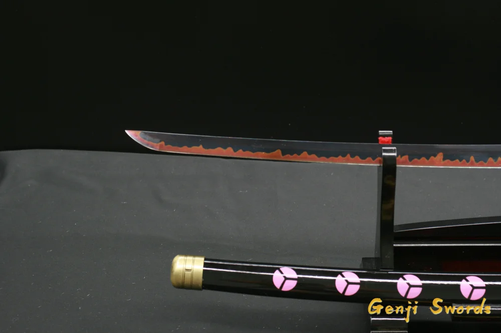 Handmade Shusui One Piece Sword Roronoa Zoro Katana Black T10 Steel Clay-Tempered Red Hamon