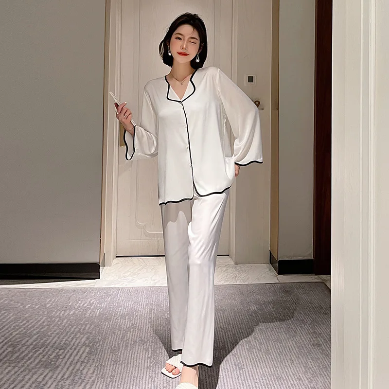 

Pajamas Women Spring Autumn Fashion Foreign Style Ice Silk Long Sleeve Home Clothes Summer Wave Net Red Suit Pajama Sets