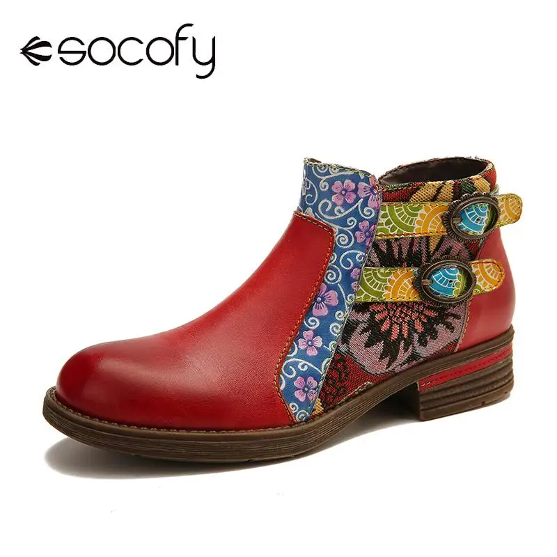 

SOCOFY Genuine Leather Boots Splicing Retro Buckle Zipper Flat Ankle Boots Elegant Ladies Shoes Women Shoes Botas Mujer 2020