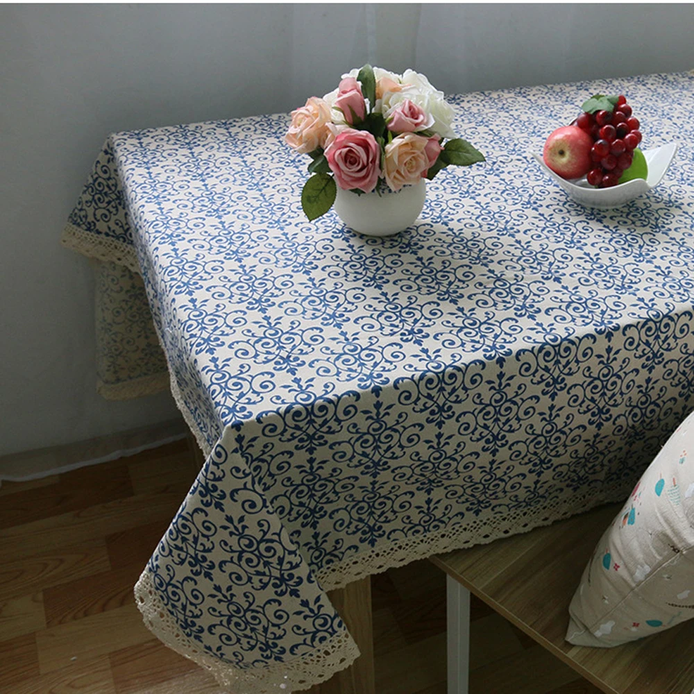 Ретро льняная хлопковая скатерть синий и белый фарфор столовая прямоугольная с