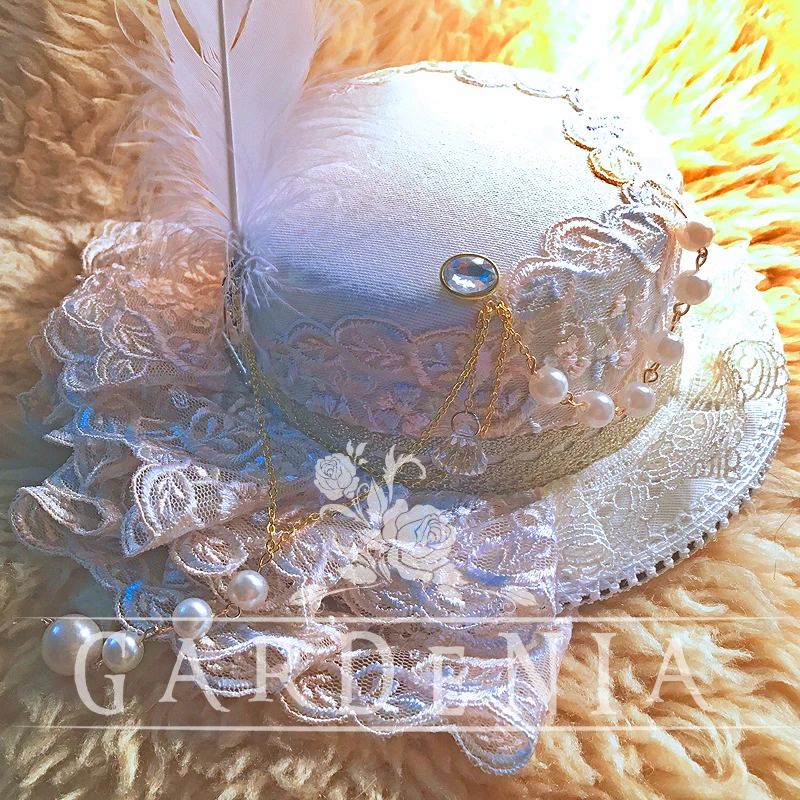 

lolita Women Vintage Original Design gem White angel feather Tea Party Wedding Cos custom made princess Gorgeous Small Top hat