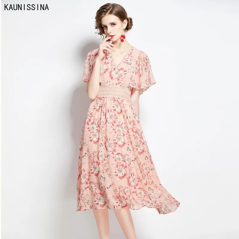 

Женское шифоновое платье с высокой талией, кружевное платье во французском стиле с коротким рукавом-бабочкой, Платье До Колена с подкладкой...