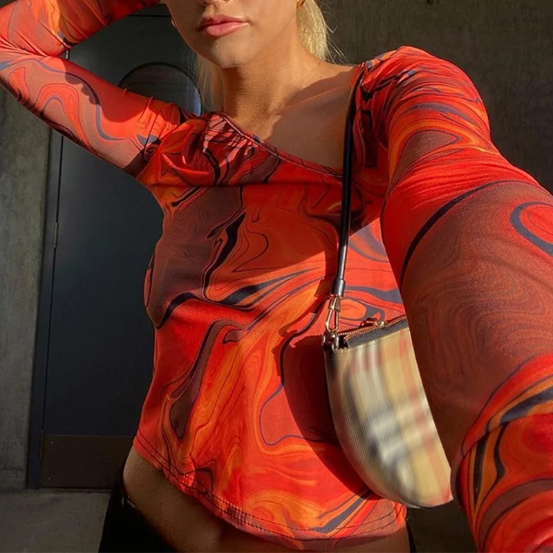 

2000s Vintage Tie Dye Print Long Sleeve Crop Top Y2K Aesthetic Harajuku Cut Out Orange T-shirts 90s Women Sexy Slim Fit Tee Tops