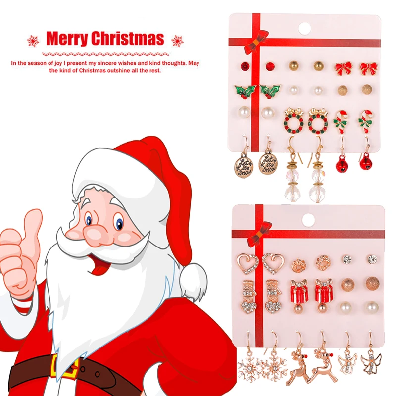 

12PCS Enamel Bling Rhinestone Christmas Earrings for Women Gold Color Alloy Tree Bells Elk Snowflake Stud Earrings Set Brinco