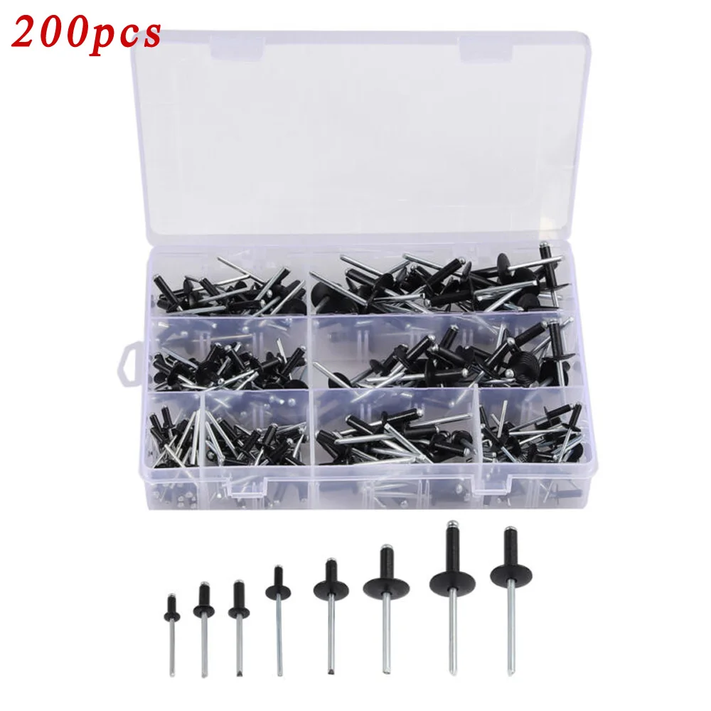 

200pcs/Set Assorted Black Rivets Standard & Large Flange Aluminum Alloy 8-18mm High Quality Home Improvement Accessories