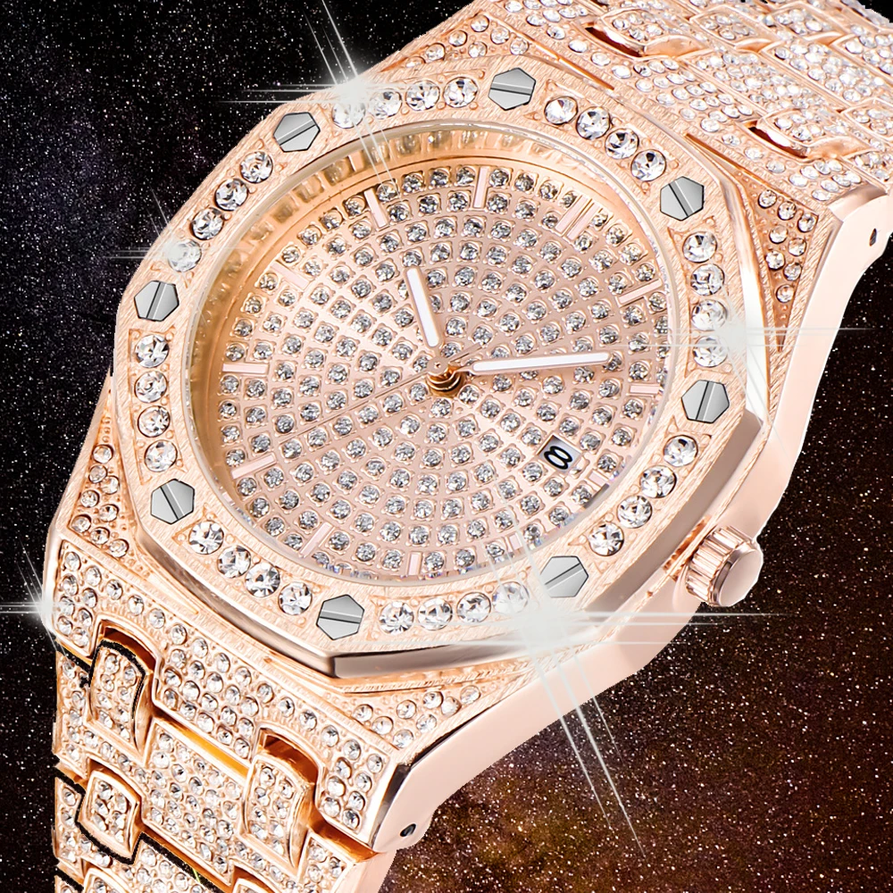 Хип хоп ICED out сверкающие бриллиантовые часы мужские деловые кварцевые наручные