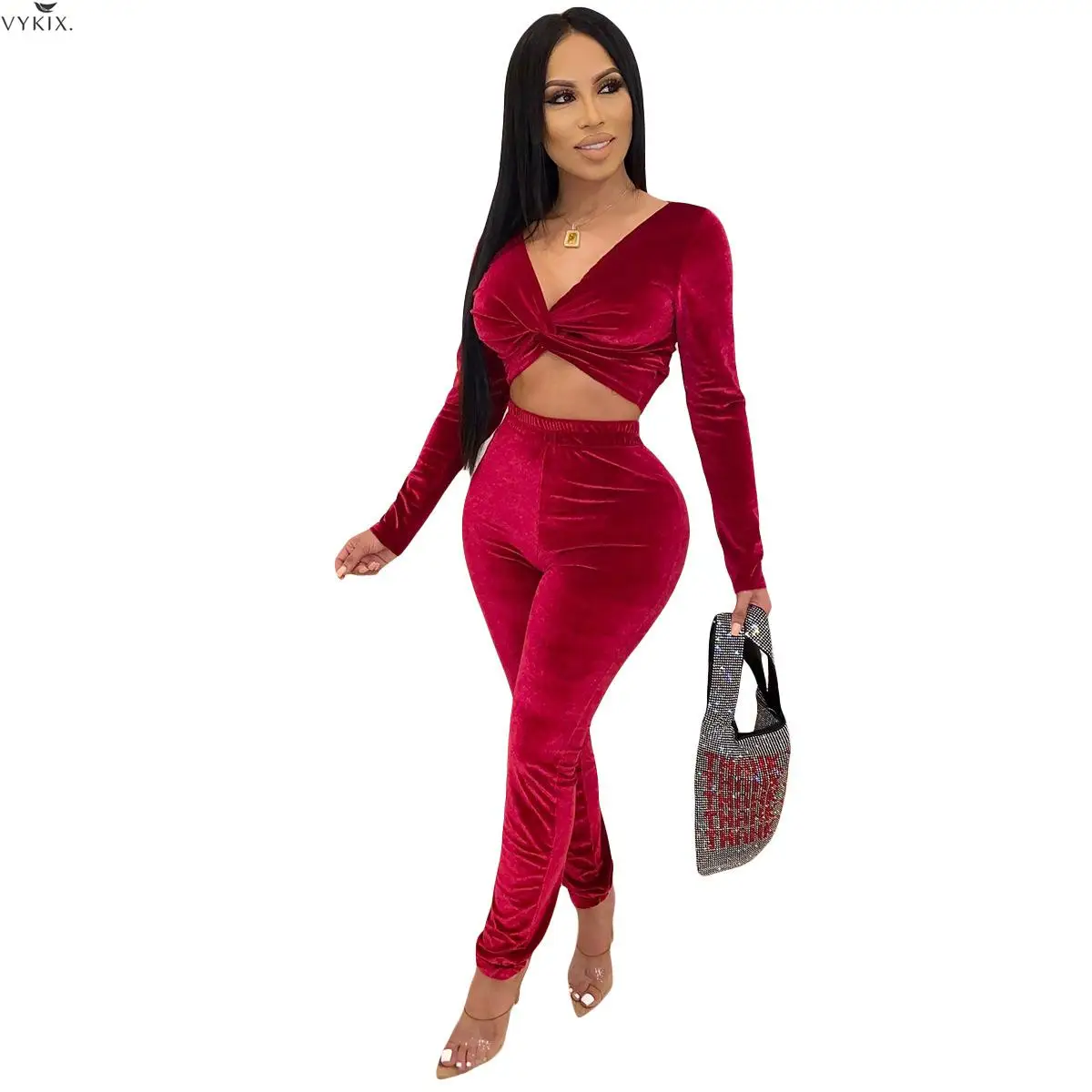 Женский спортивный костюм полный рукав v-образный вырез короткий топ длинные