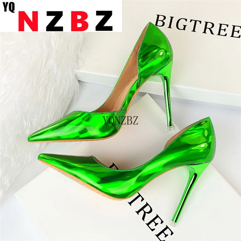 

2022 Sexy Women 10.5cm Fetish High Heels Pumps Scarpins Blue Green Sliver Gold Female Bridal Heels Patent Leather Big Size Shoes