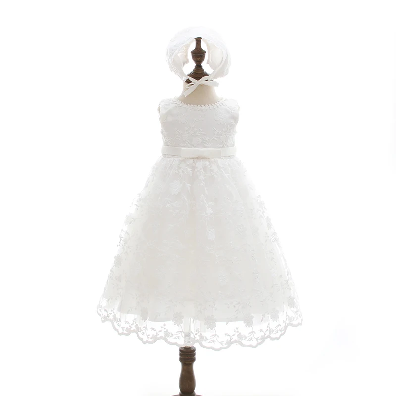 Детское платье на крестины длиной до пола крестильные наряды с шляпой белое