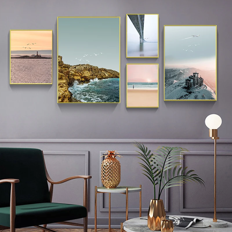 Скандинавский постер Постер Морская волна и мост на закате настенные картины для