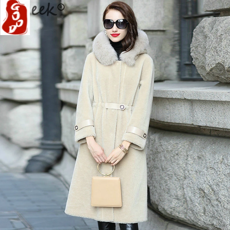 

Winter Jacket Women Real Sheep Shearing Fur Coat Female Long Warm Parka Real Fox Fur Collar Hooded Spring Clothes LPL1372