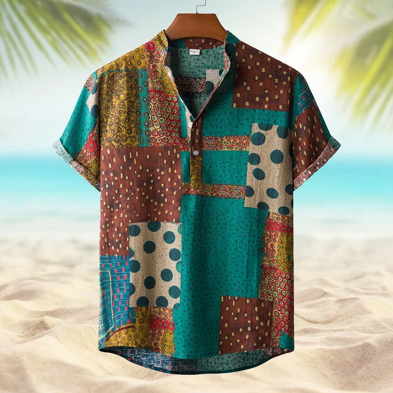 

Men Linen Cotton Short Sleeve Shirt Summer Floral Loose Baggy Casual Shirts Tops Holiday Beach Men's Hawaii Shirts
