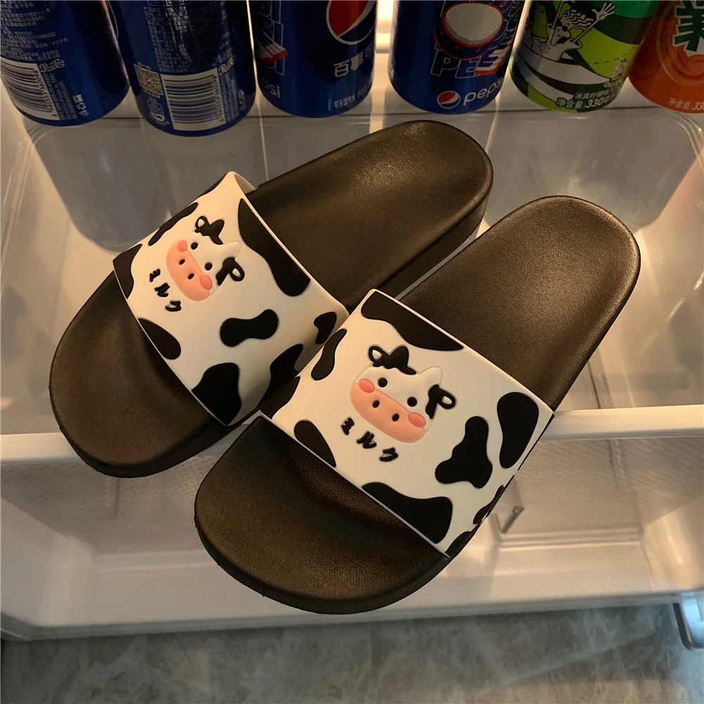 Women Cartoon Slippers Cute Cow Summer Shoes Ladies Bathroom Shower Slipper Soft PVC White Black Color Female Home Floor Slides
