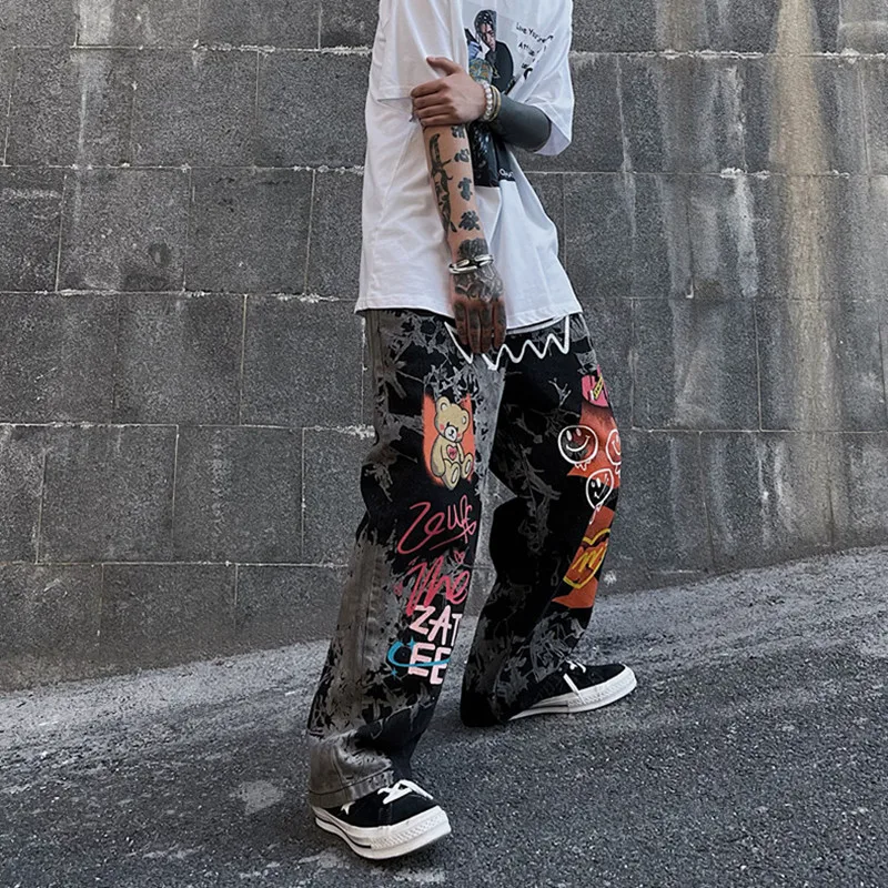 Men Autumn/Winter Nice European-American Style Hip-Hop High Street Graffiti Straight Leg Wide Loose Personality Print Jeans Male