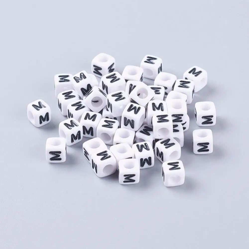 

500 g Letter Acrylic Beads Cube White Letter M Size: about 6mm wide 6mm long 6mm high hole: about 3.2mm about 2600pcs/500g