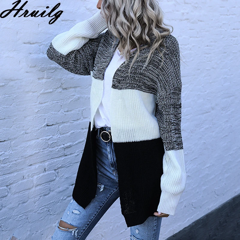 

Sweater Women Casual Color Matching Long Sleeve Mid-length Sweaters For Women Slim Lazy Style Loose Elegant Knit Sweaters Jacket