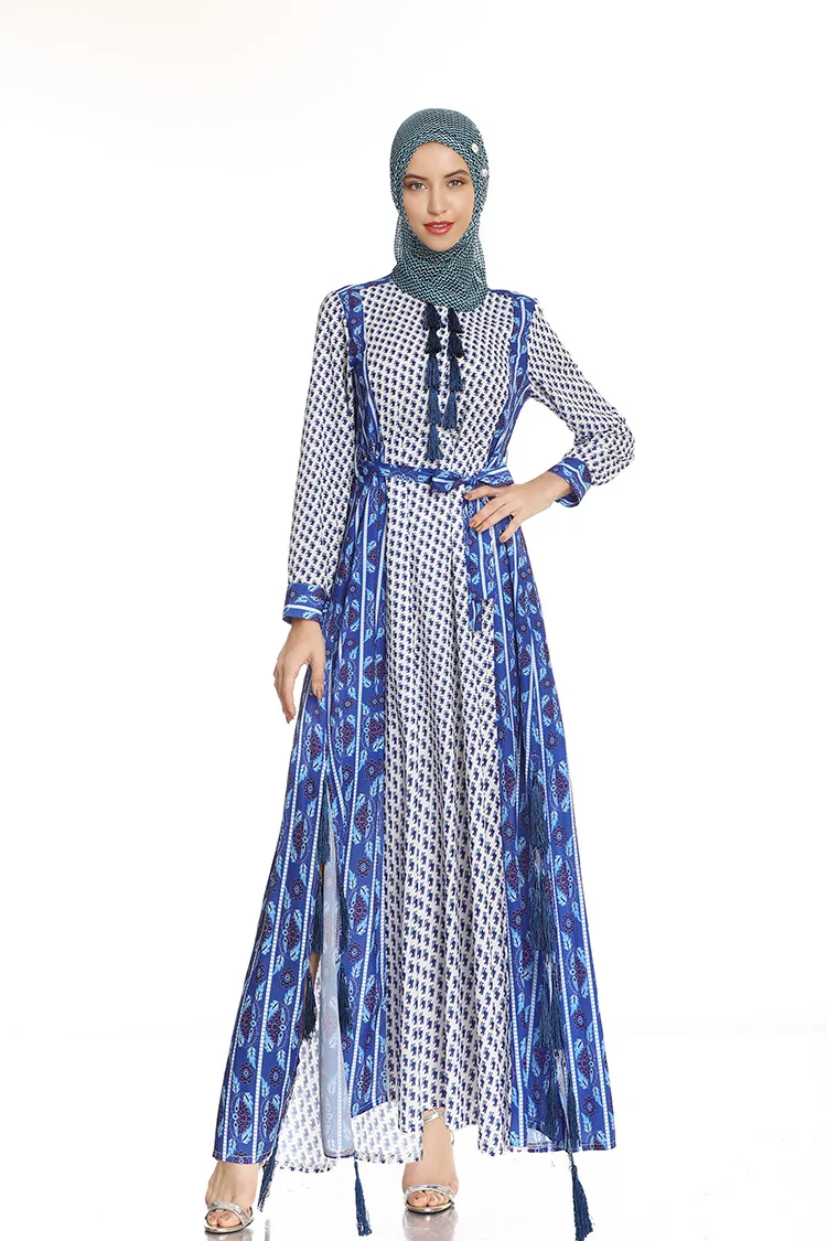 

2021 new Muslim women's fashion printed lace-up waist mid-length casual slim dress robe