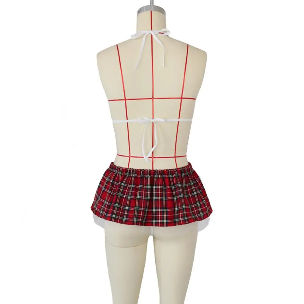 

Ropa interior con lazo sexi para mujer, lenceria pijama, uniforme, minifalda + Tanga, corpino triangular de malla transparente