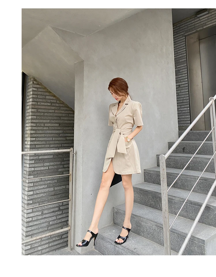 

ZAWFL 2020 New Notched Collar Dress Temperament Waist Slimming Dress Women Short Sleeved Lace Up OL Office Dresses