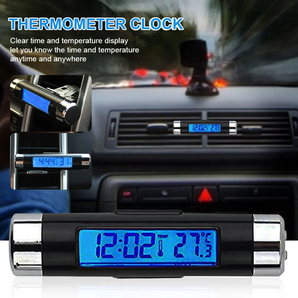 

2 in 1 Car Auto Thermometer Clock Calendar LCD Digital Display Screen Clip-on Digital Blue Back Light Automotive Accessories
