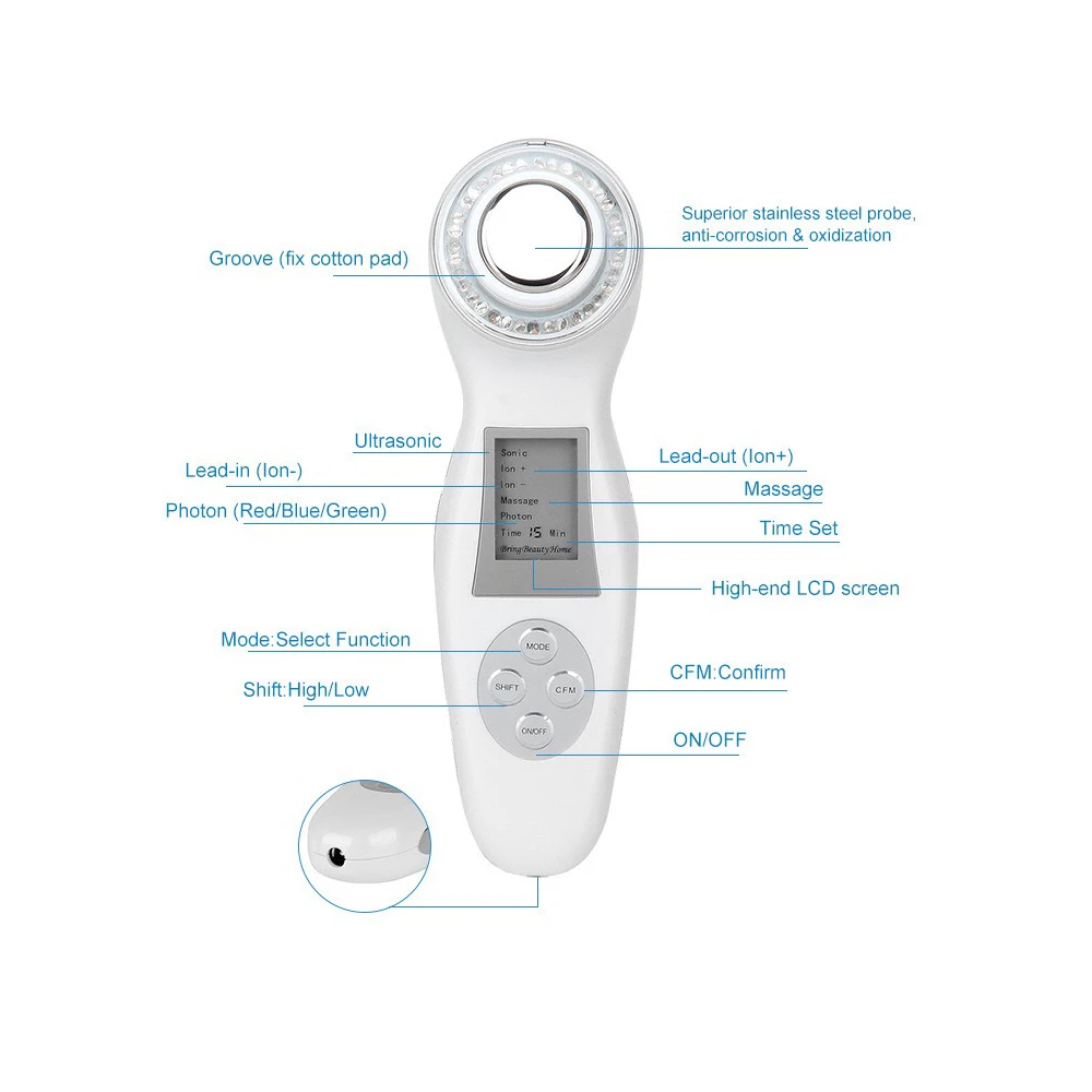 Ультразвуковой вибрирующий массажер для лица 3 МГц цвета фотонный омоложения
