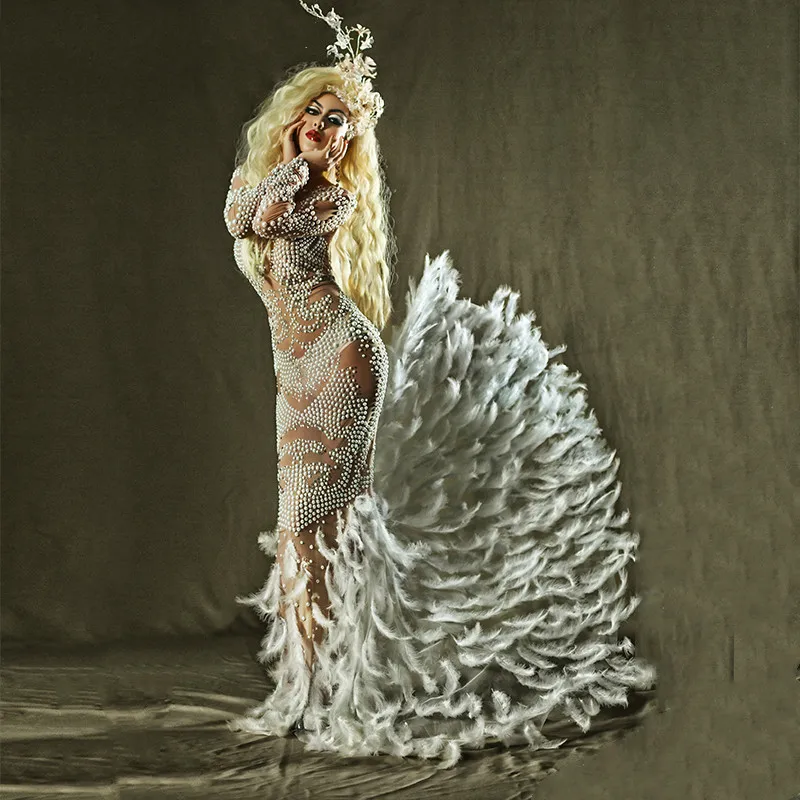 Женская сексуальная сценическая сетка блестящее платье с кристаллами и жемчугом
