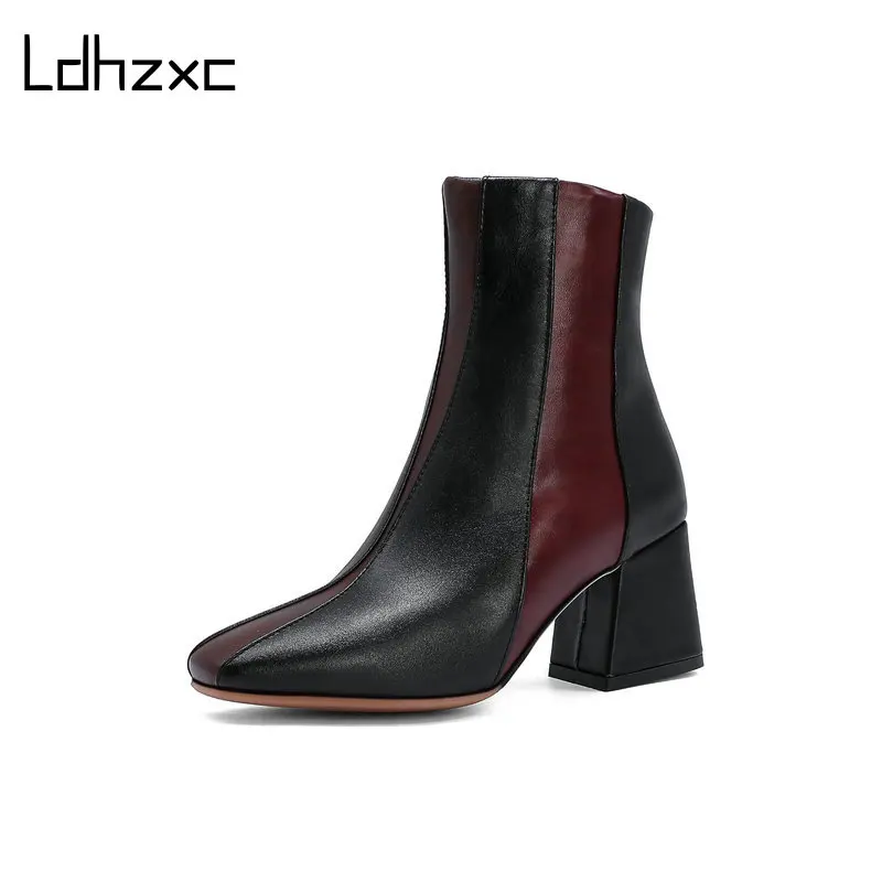

LDHZXC New Autumn Winter Zipper Boots Pu Leather Fashion Thick High Heel Ankle Boots Round Toe Casual Women Shoes Size 34-48