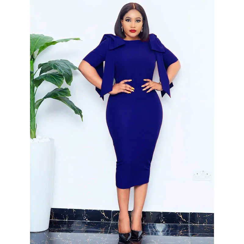 

African Dress For Women Fashion Elegant Bow Half Sleeve Slim Office Midi Dresses 2021 Summer New African Clothing Lady Plus Size