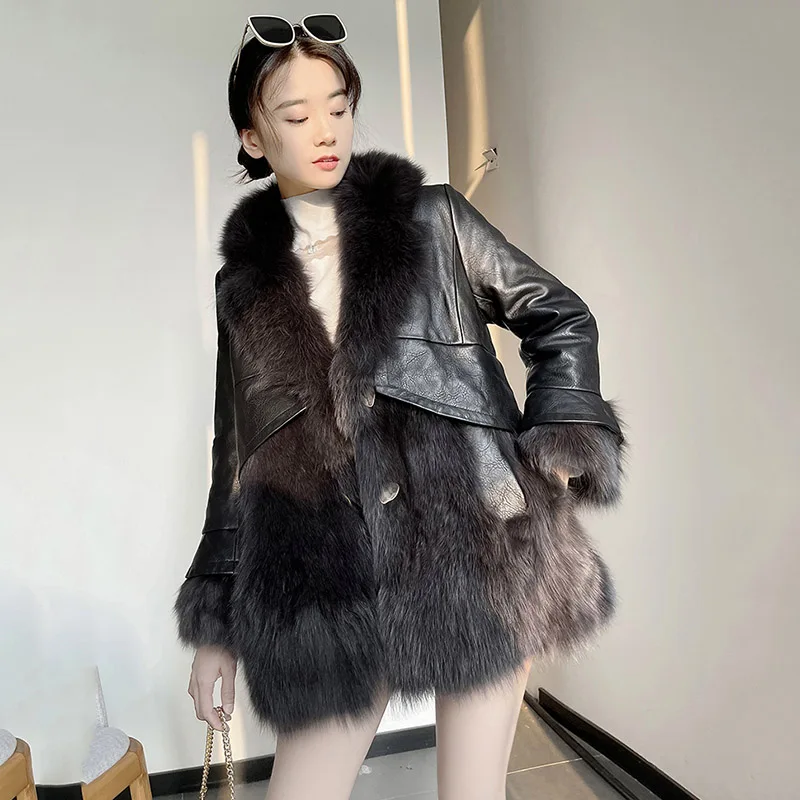 Faux Fox Fur Jacket Women Mid-Length Stitching Leather Jacket Slim Fit Winter Coat 2021New Korean Female Black Leather Outerwear enlarge