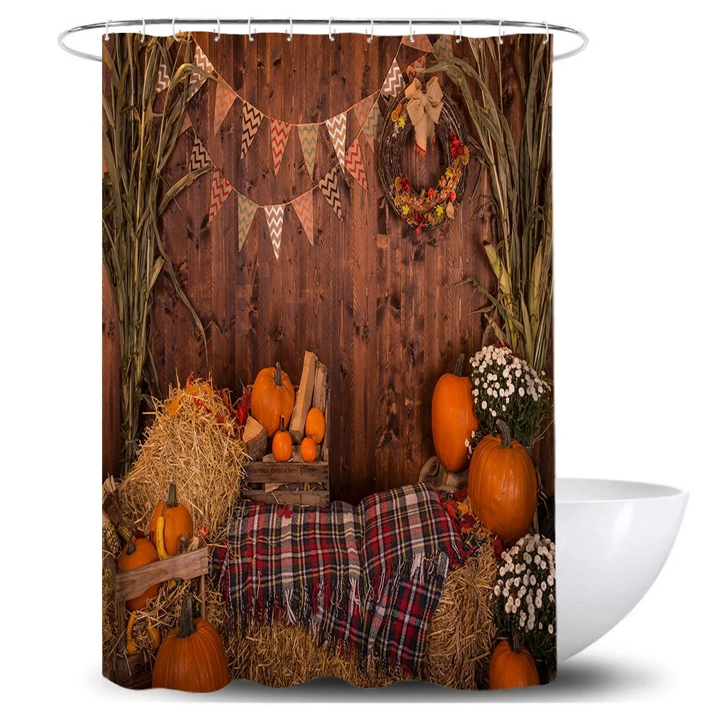 Тканевая занавеска для душа на День Благодарения Осенние тыквы деревянный узор