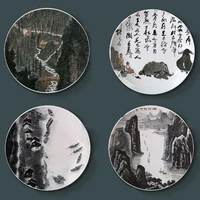 chinese style li keran landscape ink painting home decorative plates ceramic craft porcelain dish black ink water drawing plate