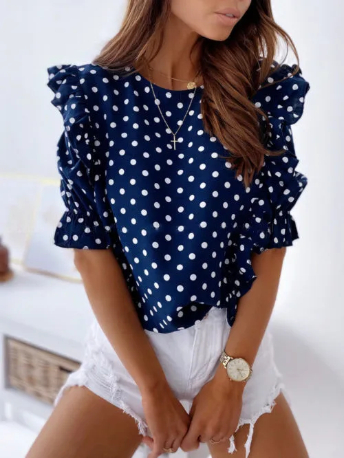 

Женские рубашки, блузки 2020, сексуальные, в горошек, с круглым вырезом, с рюшами, офисные женские блузы, Femininas, Elegante размера плюс, женские топы