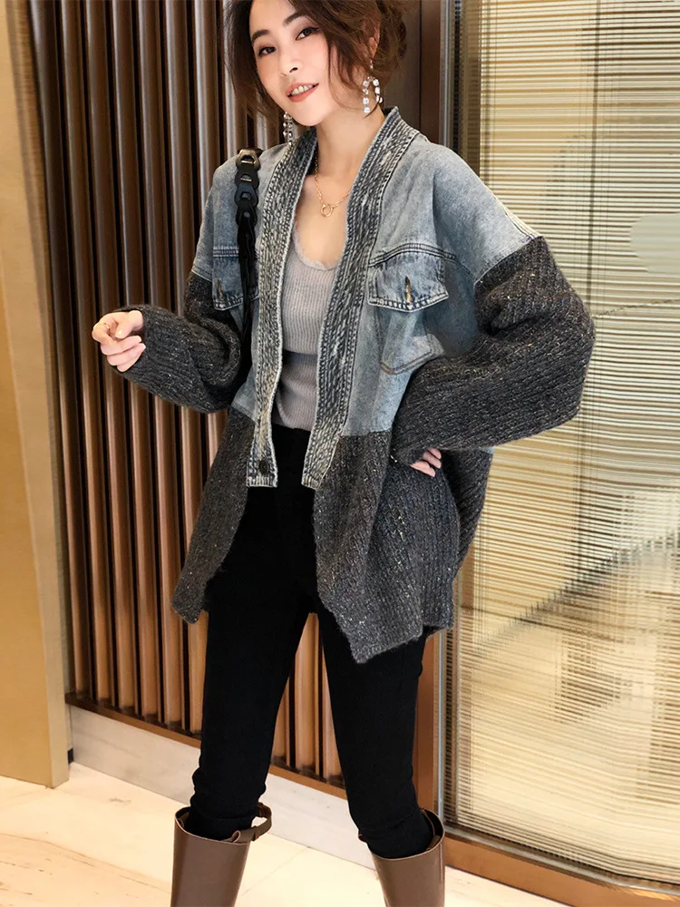 

NEW Women 's Jacket Spring and Autumn Korean Style Youth Patchwork Denim Street Knitted Cardigan Jacket