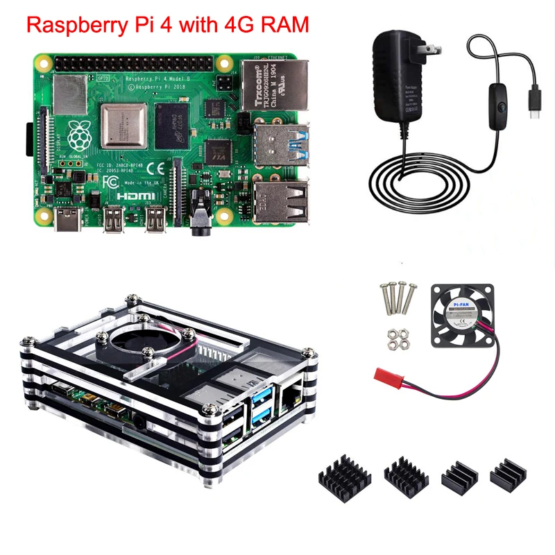 Raspberry Pi 4 Model B с 1/2/4 ГБ ОЗУ RPI4 акриловый чехол RPI 4B 5V3A адаптер питания вентилятор