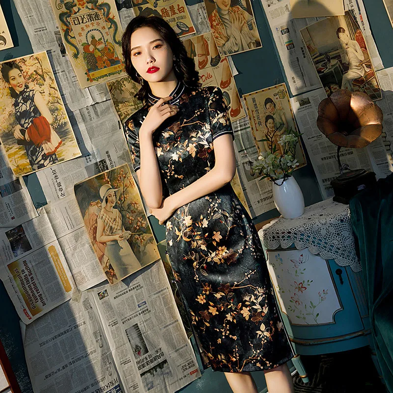 

Винтажное весеннее элегантное женское платье FZSLCYIYI, Ципао, восточное, на 8 пуговицах, длиной до колен, современное облегающее китайское шелк...