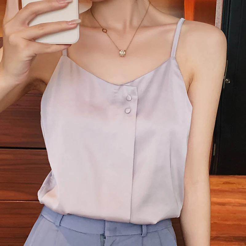 Top Femme White V Neck Camisole Women Tops 2022 Summer Button Satin Silk Tank Top Casual Woman Clothes Sleeveless Tanks Camis goplus summer knitted crop top women casual sexy v neck shoulderless sleeveless tank tops femme woman clothes ropa mujer