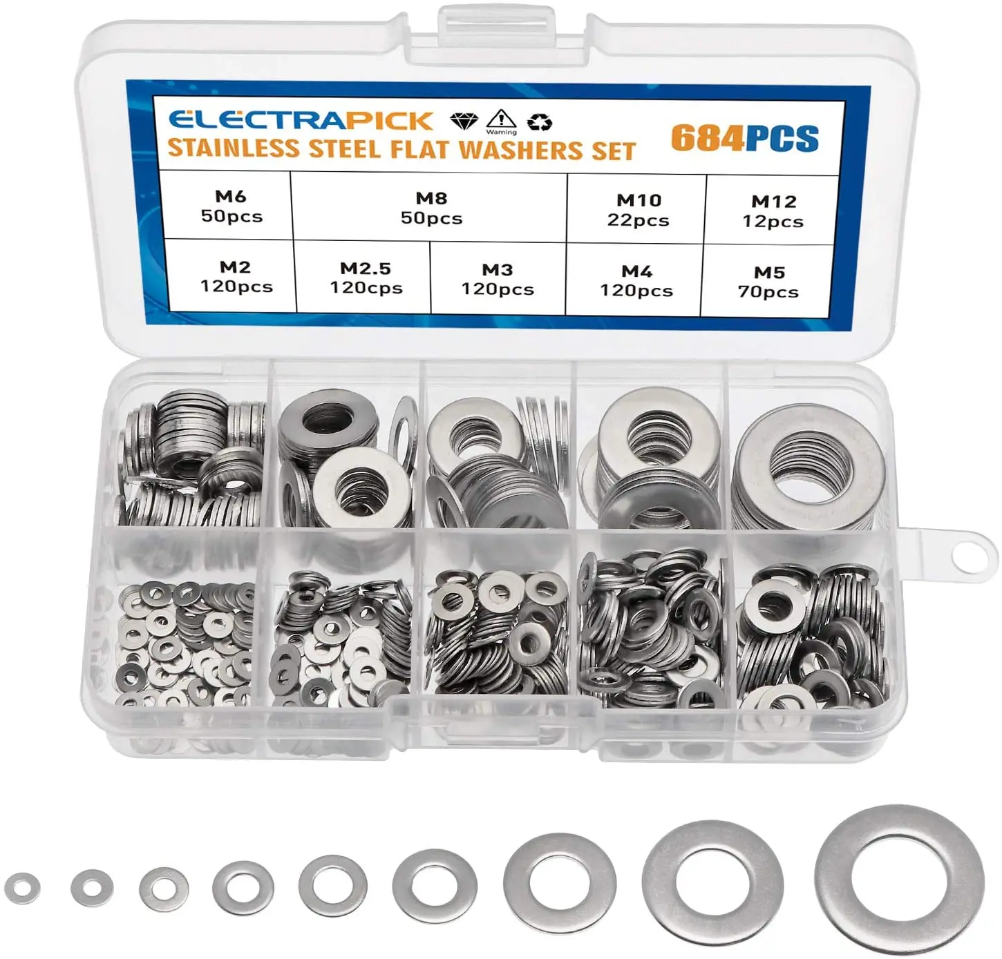 

684/360pcs Stainless Steel Flat Washer Plain Gaskets Assortment Kit Spacers Kit Screw Bolt Fastener Metalwork M2 - M10 Hardware