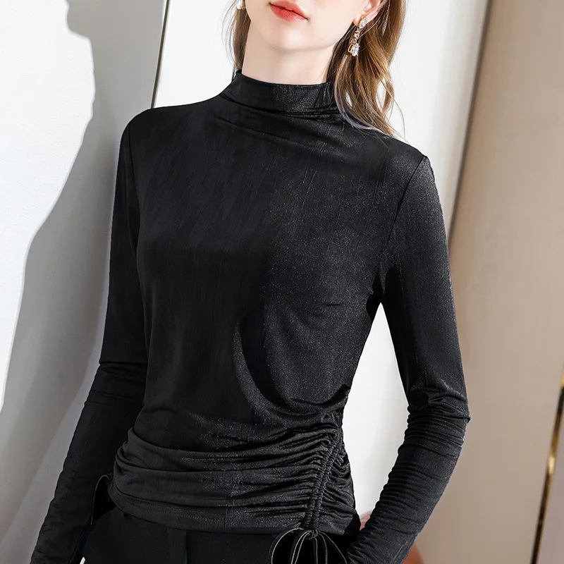 

Women's autumn and winter new style with long sleeve T-shirt and side drawstring pleated top
