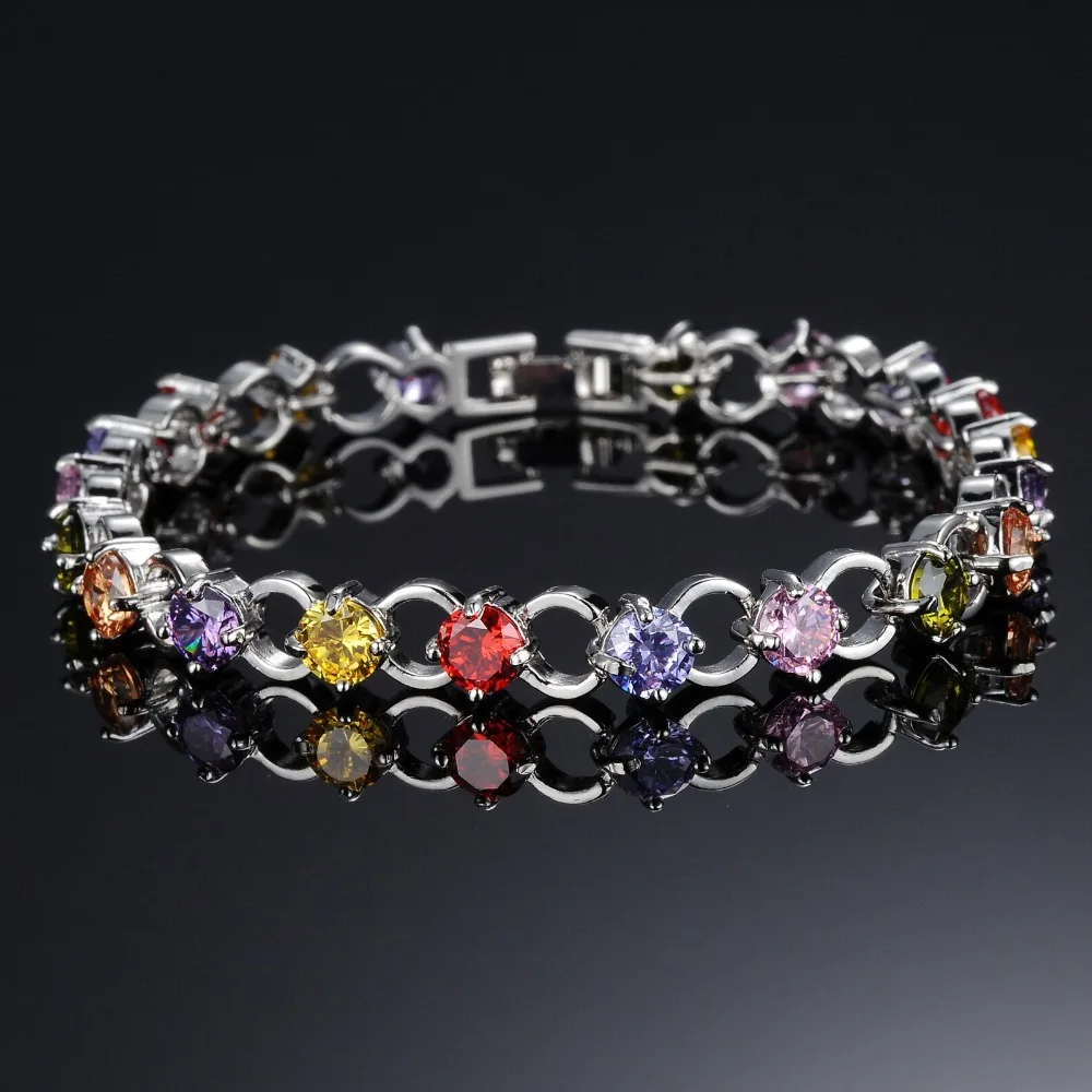 

OPK Classical Multicolor/White Rhinestone Women Bracelets Delicate Girls' Gift White Gold Color Link Chain Jewelry Bangle DS943