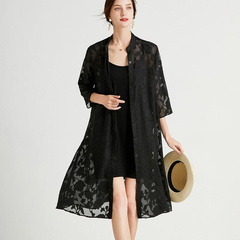 

Летнее кимоно, кардиган, Женская жаккардовая шифоновая блузка с цветочным принтом, Корейская длинная рубашка с рукавом до локтя, Пляжная Длинная блузка, модная дизайнерская шаль