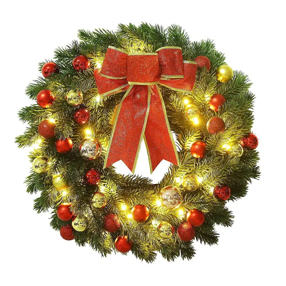 

Christmas wreath with colored balls and LED small white lights decoration wreath
