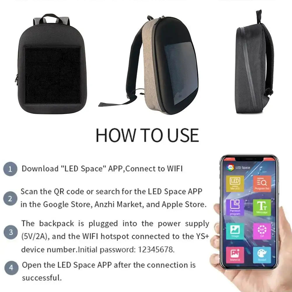 Динамический светодиодный Экран Дисплей рюкзак DIY Беспроводной приложение Wi-Fi
