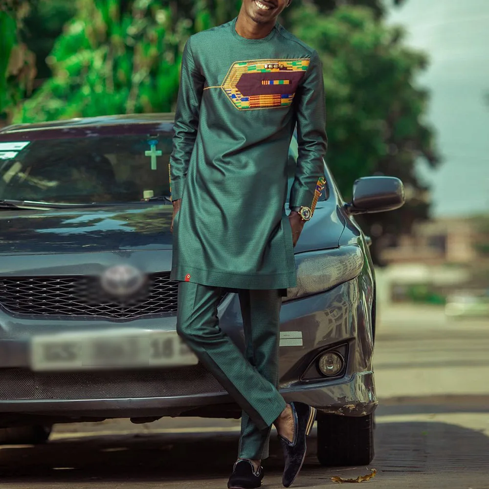 

Black African Dashiki Print Top Pant Set 2 Pieces Outfit Set 2021 Traditional Men African Clothes Casual African Suit for Men