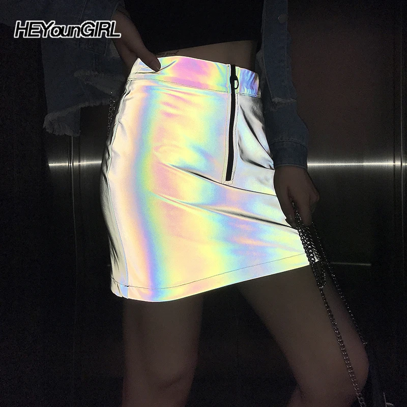 HEYounGIRL Светоотражающие Harajuku мини-юбки женские хип-хоп повседневная юбка с высокой талией обтягивающая облегающая короткая юбка женская уличная