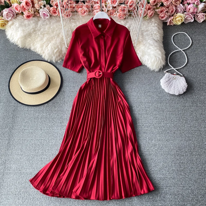 

Croysier Summer Dresses For Women Elegant Office Lady Pleated Dress With Belt Turn Down Collar Short Sleeve Shirt Midi Dress